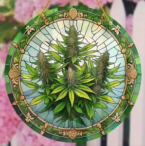 Weed Plant Blooming & Budding Acrylic "Stained Glass" Style 8" Round SunCatcher